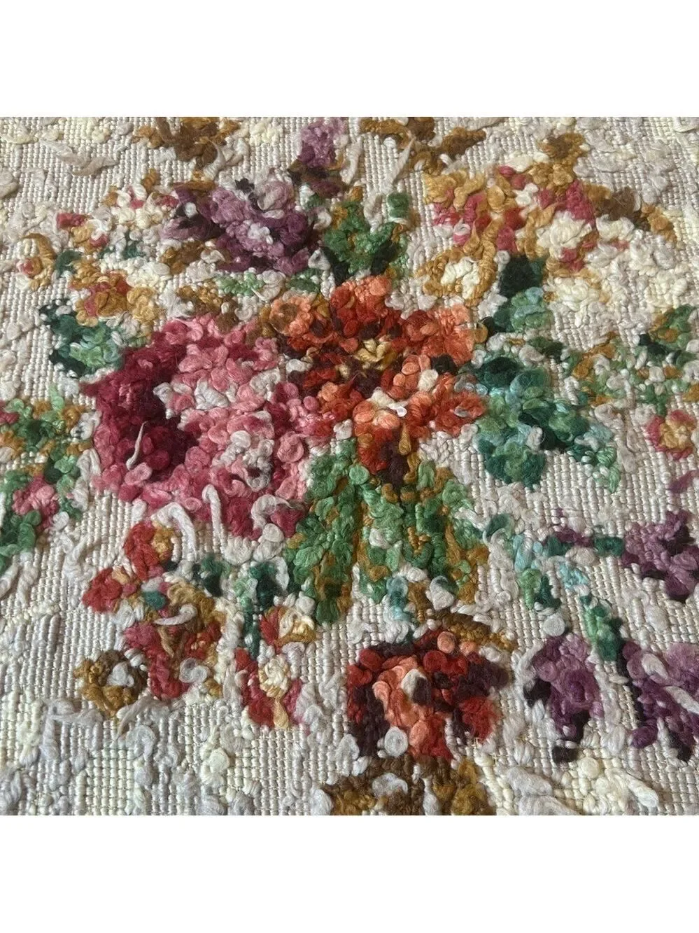 Vintage Needlepoint Tapestry Wool Floral Wall Hanging Fringe Multicolor  40x44”